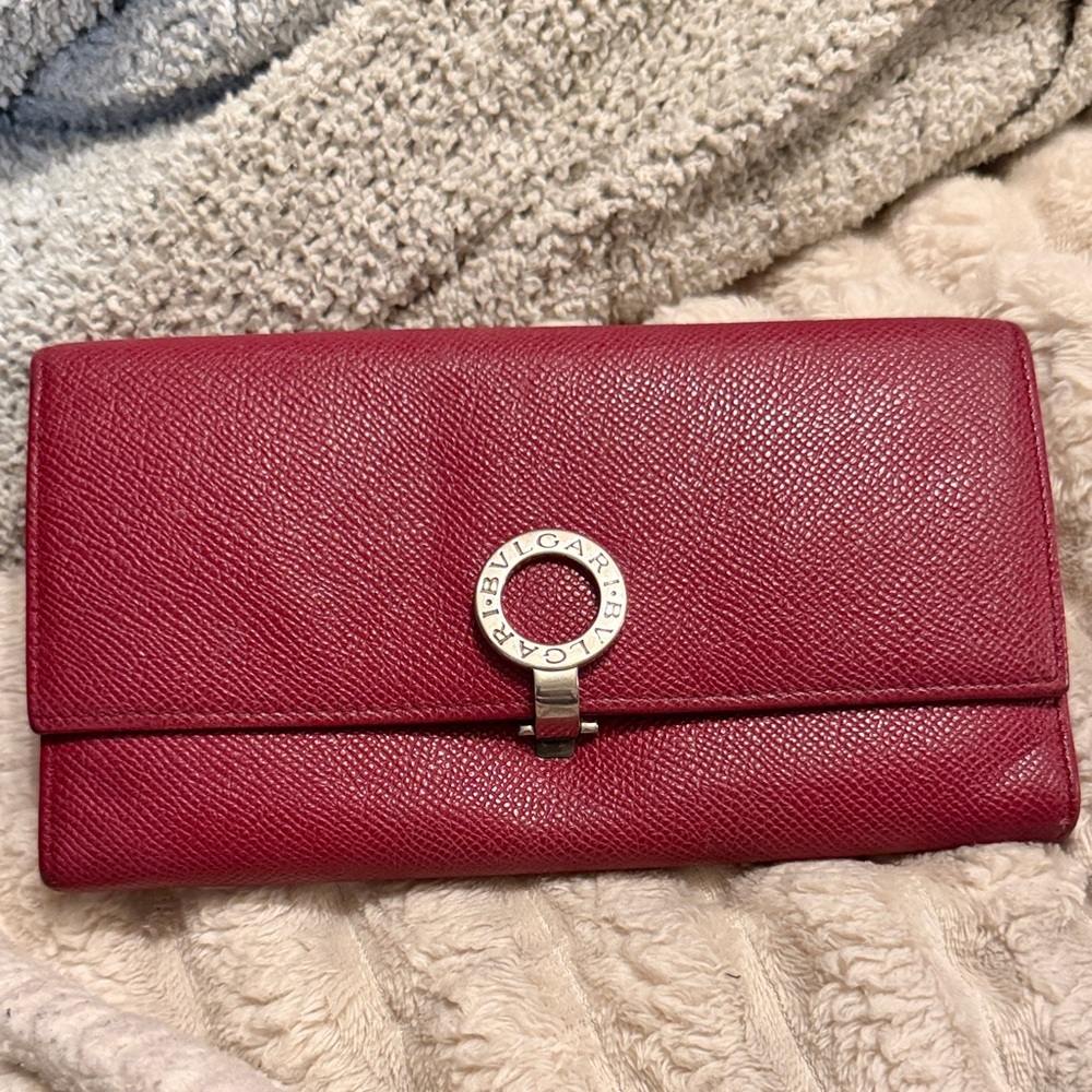 Bulgari Berry Red Textured Leather Continental Wallet with Signature Round Logo